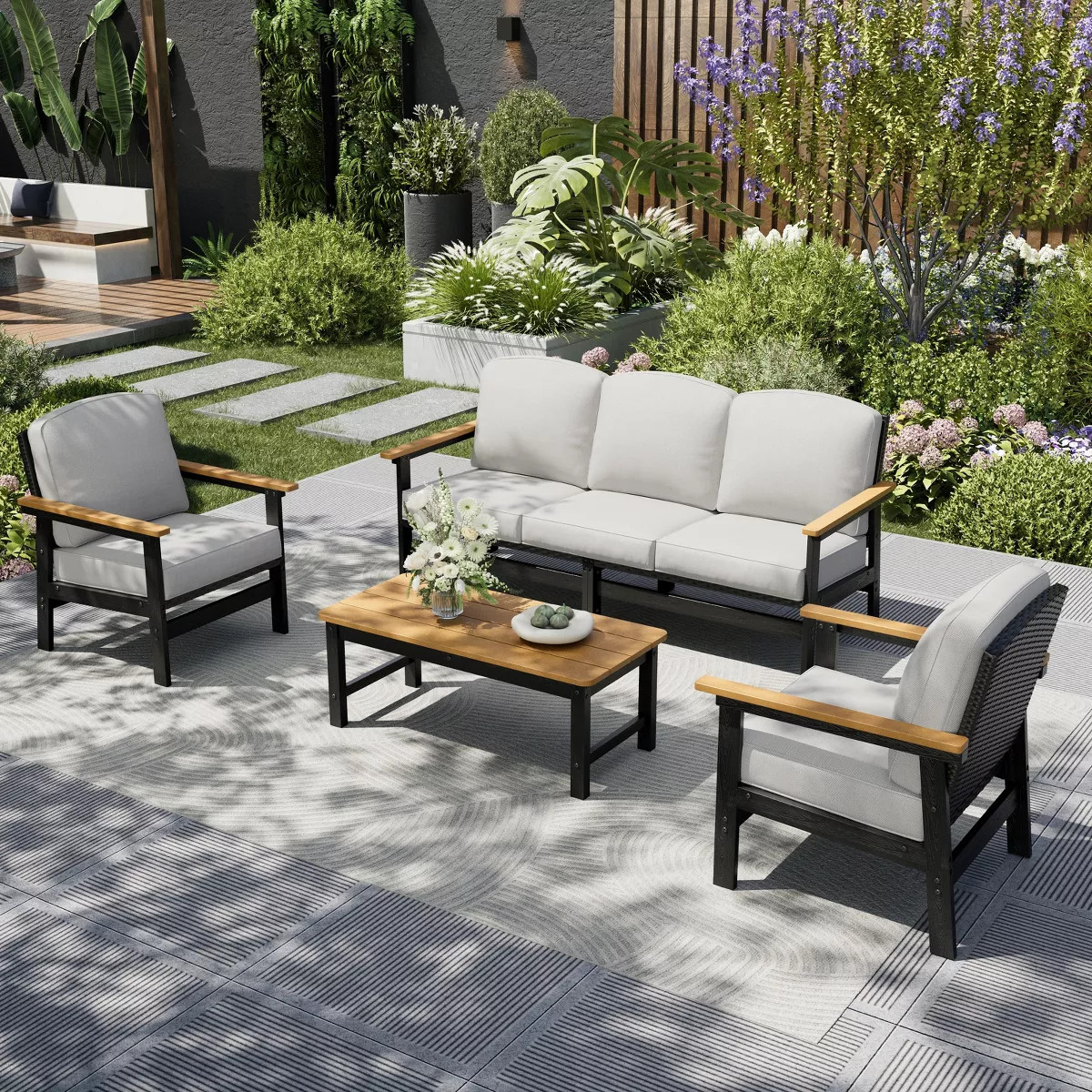 All Weather HDPE Outdoor Patio Furniture Conversation Set with Beige Cushions and Coffee Table Be... | Target