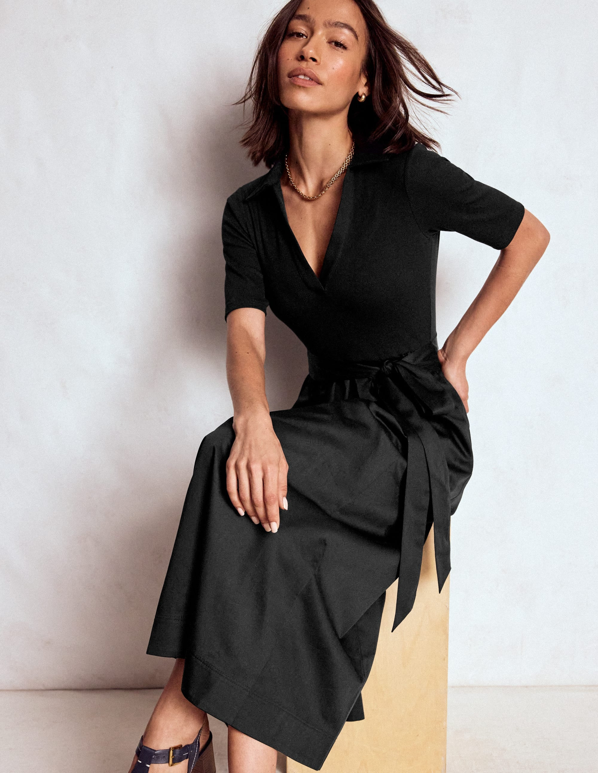 Collar Detail Mix Midi Dress-Black | Boden (US)