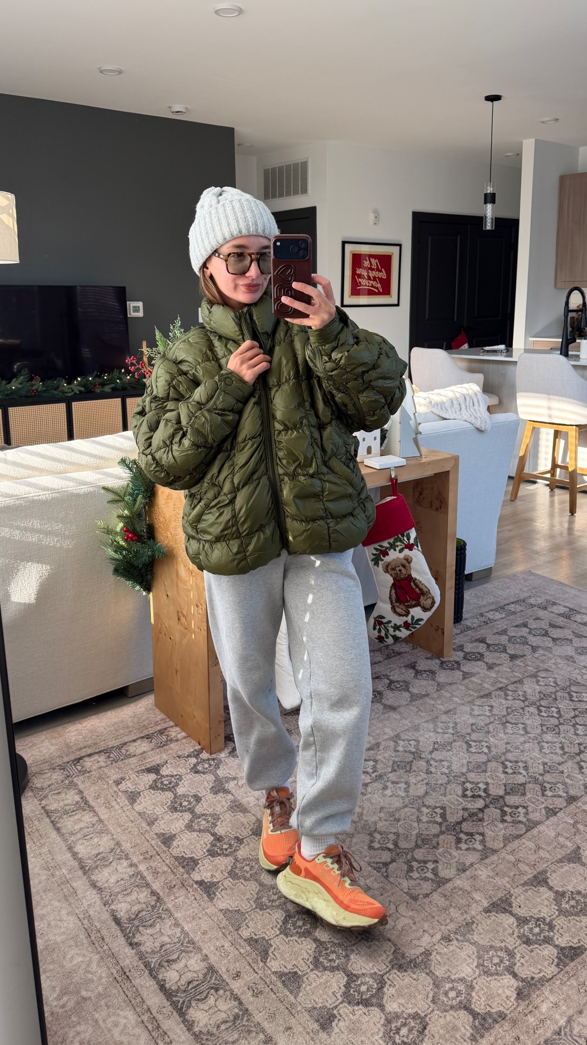 Winter walk!! Had a sweatshirt under this to stay warm but the puffer is warmer than it looks! Wearing XS and small sweats