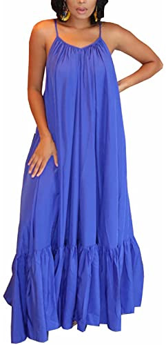 Women's Sexy Spaghetti Strap Sleeveless Bandage Ruched Ruffle Hem Oversized Party Beach Loose Long Maxi Swing Dress Blue | Amazon (US)