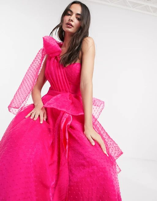 Bariano full prom one shoulder maxi dress with detachable waist bow detail in fuchsia | ASOS US