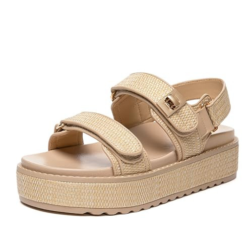 Rihero Women's Comfortable Open Toe Platform Sandals Fashion One Band Summer Dressy Flatform Sandals, Raffia, Size 10, AD02852 | Amazon (US)