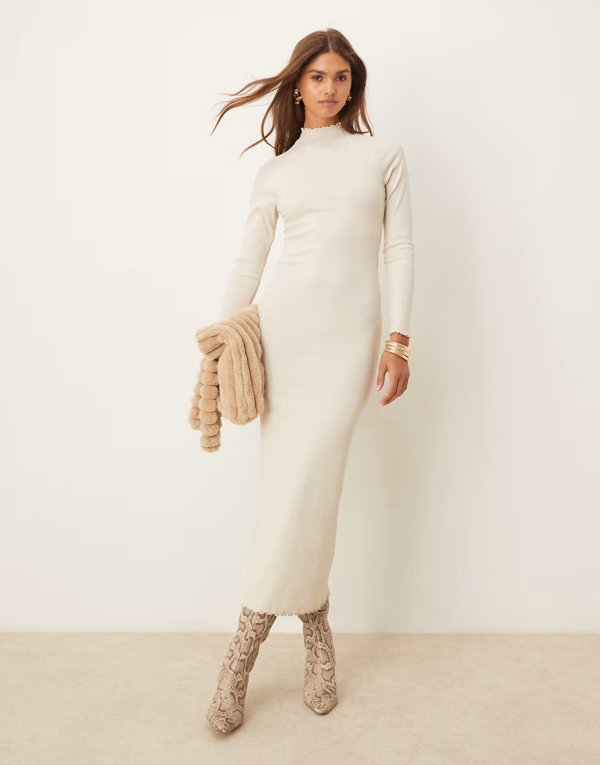 ASOS DESIGN ribbed long sleeve high neck batwing maxi dress in oatmeal | ASOS | ASOS (Global)