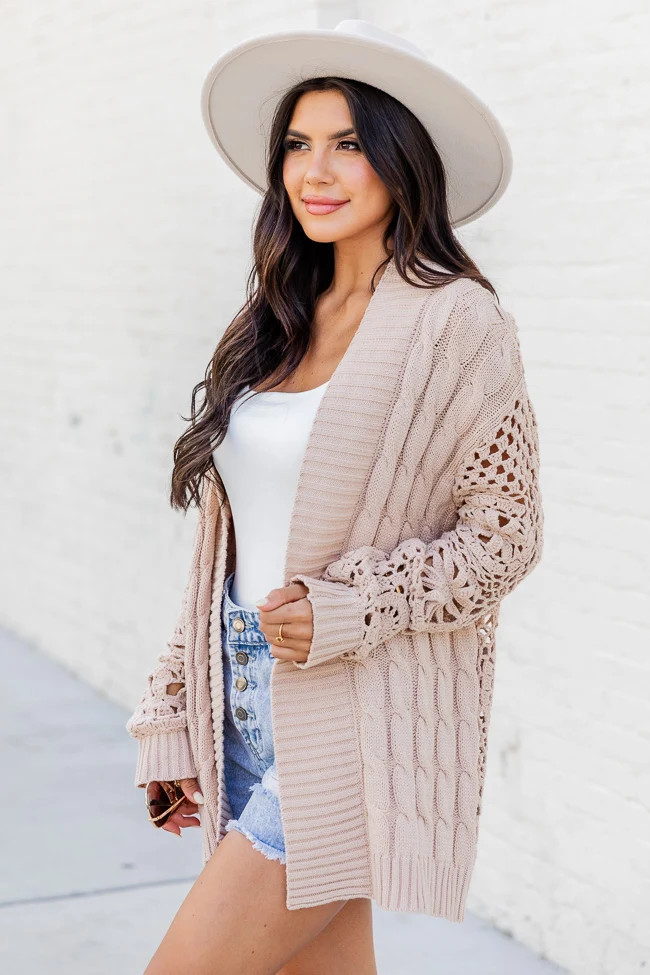 What's The Plan Tan Crochet Sleeve Cardigan | Pink Lily