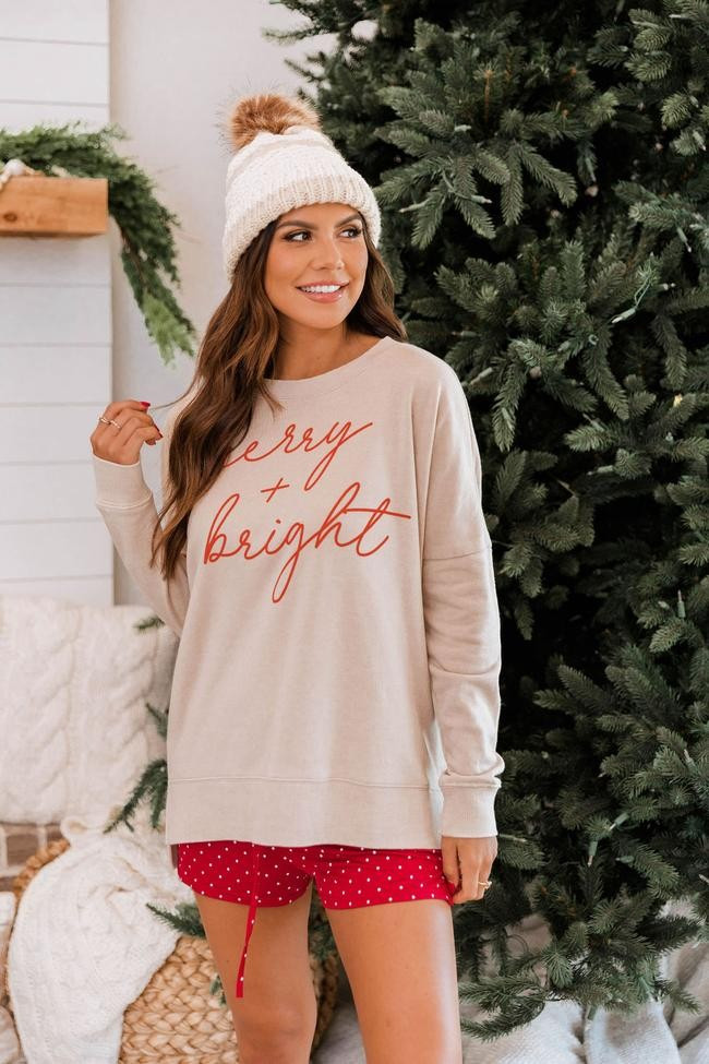 Merry & Bright Script Light Tan Graphic Sweatshirt | The Pink Lily Boutique