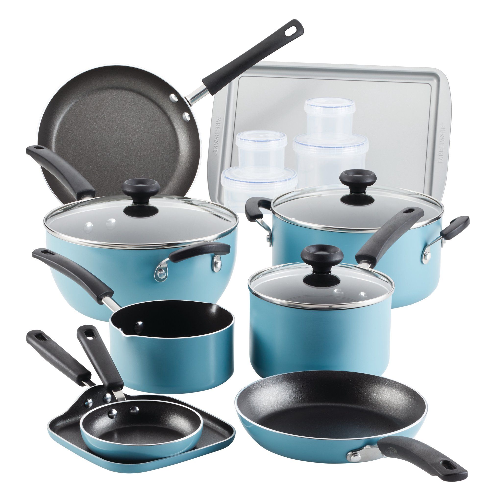 Farberware 20 Pc Easy Clean Aluminum Nonstick Cookware Pots and Pans Set,  Aqua | Walmart (US)