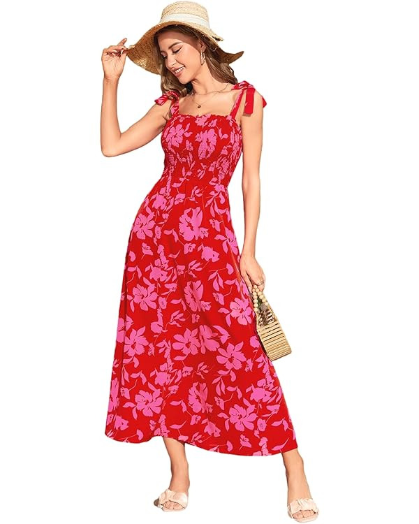 MakeMeChic Women's Summer Boho Dress Casual Floral Print Spaghetti Strap Square Neck Long Maxi Dr... | Amazon (US)