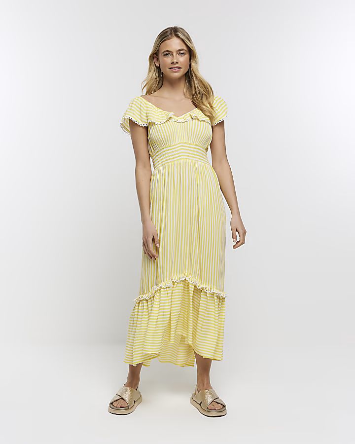 Yellow stripe frill midi dress | River Island (UK & IE)