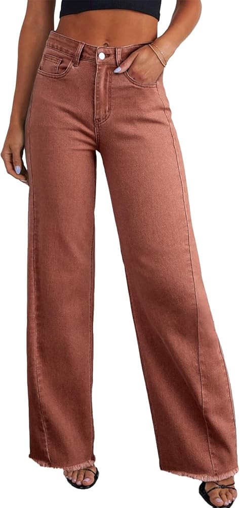 Sidefeel Women's Wide Leg Jeans High Waisted Strechy Raw Hem Zimbaplatinum Denim Pants | Amazon (US)
