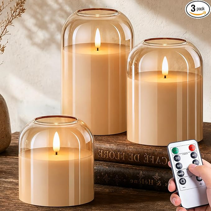 Fall Decor, Fall Decoration for Home, Amber Glass Flameless Candles with Remote,3-Pack LED Pillar... | Amazon (US)