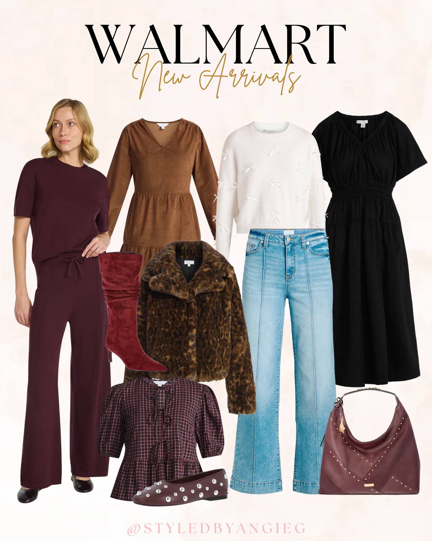 Designer looks for less  from Walmart💫 
Walmart fashion, burgundy loungewear, corduroy dress, leopard fur coat, black midi dress, white bow sweater, wide leg jeans, studded bag, fall boots, affordable style, winter essentials, holiday outfits 

 #LTKHoliday #LTKFindsUnder50 #LTKStyleTip