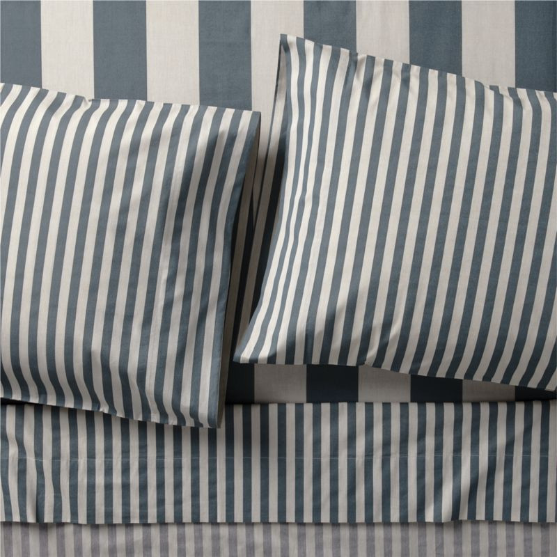 Riviera Slate Blue and Oatmeal Stripe Organic Cotton Kids Full Sheet Set + Reviews | Crate & Kids | Crate & Barrel