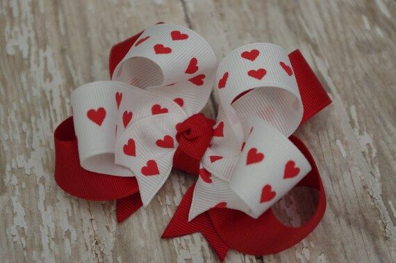 Valentine Hair Bow Red Heart Hair Bow Girls Valentine Bow Boutique White With Red Hearts Layered ... | Etsy (US)