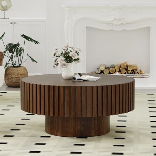 Round Fluted Coffee Table Mid Century Modern Coffee Tables with Handcrafted Relief Circle Drum End Table Rustic Industrial Center Tables for Apartment Living Room (Brown Round) | Amazon (US)