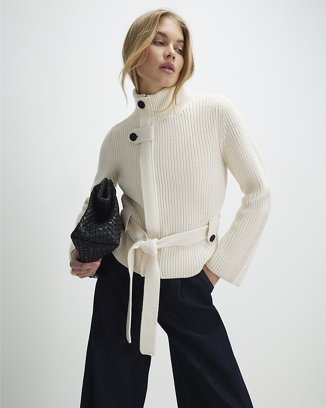 Cream Knitted Tie Waist Ribbed Cardigan | River Island UK & IE