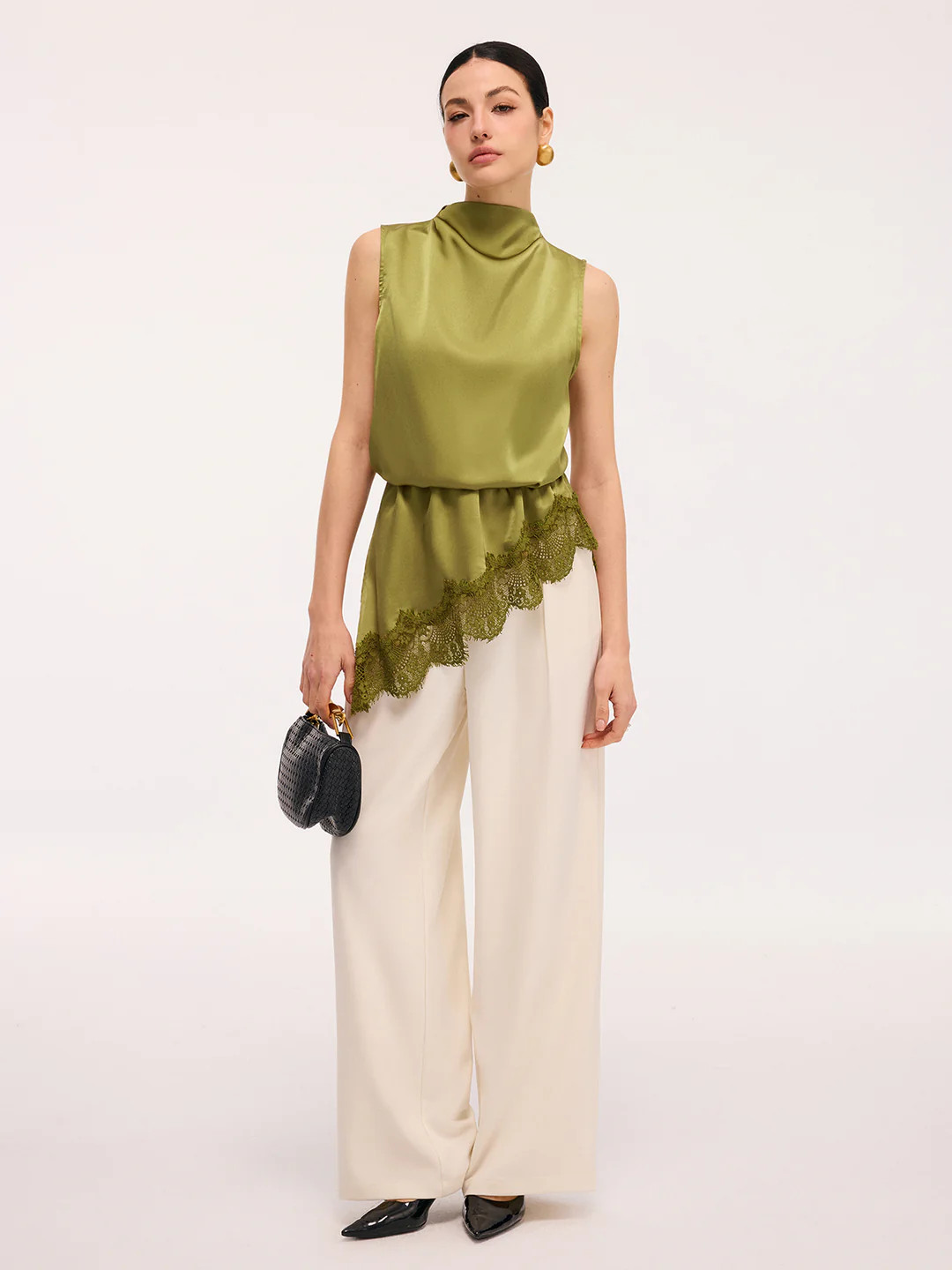 Lace Trim Satin Sleeveless Blouse | Commense
