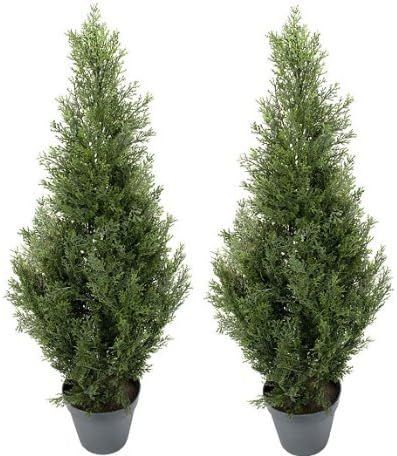 Amazon.com - TWO Pre-potted 3' Artificial Cedar Topiary Outdoor Indoor Tree - Fake Christmas Tree... | Amazon (US)