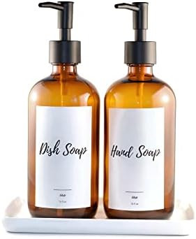 Eleito Amber Glass Soap Dispenser with Pump 16oz Bottle Set of 2 and Melamine Tray. Large Refilla... | Amazon (US)