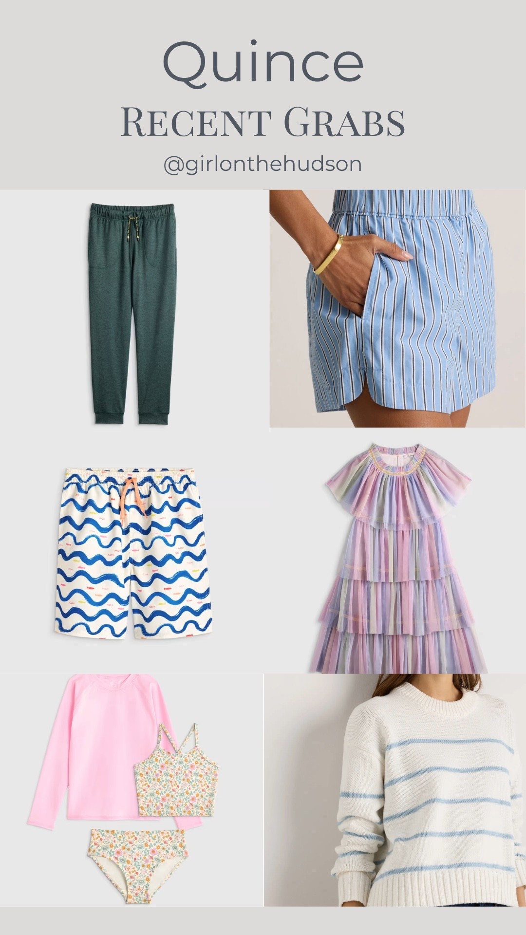 My recent @Quince order! Cute swim for the kids, my favorite sweater in a new stripe, joggers for my son, a party dress for Ava, summer shorts and sunnies (not pictured). All so good for spring!!! 

#LTKmomlife #LTKootd #LTKKids