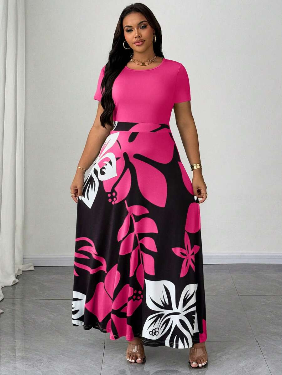 Maweii Plus Size Women Summer Casual Vacation Style Patchwork Floral Print Waist Tie Dress | SHEIN