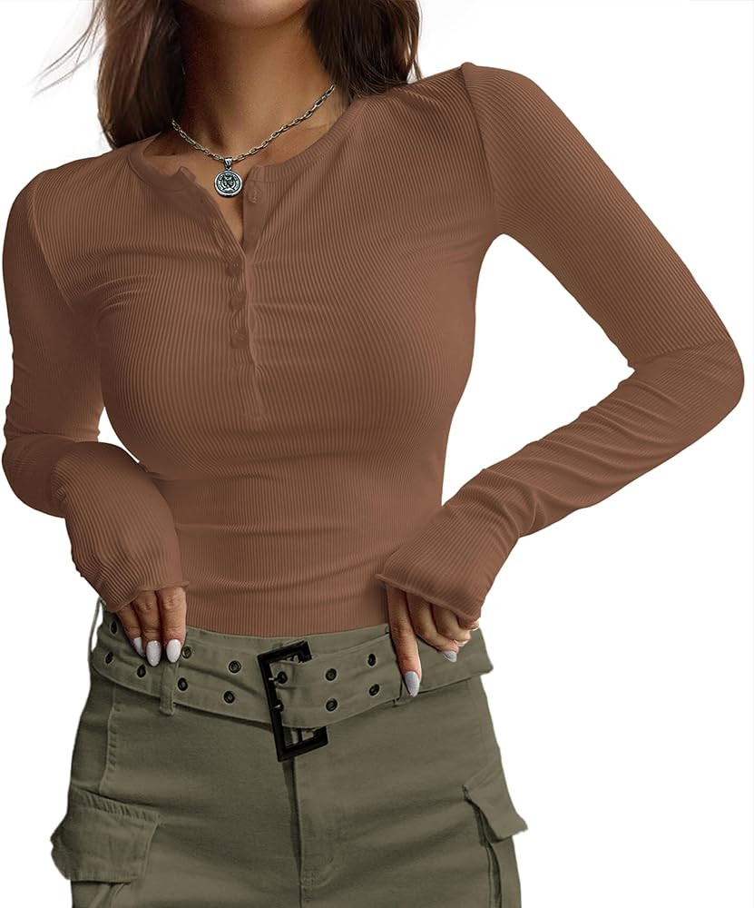Ekouaer Women's Long Sleeve Henley Shirts Button Ribbed Knit Tops Basic Layering Slim Fit Soft Th... | Amazon (US)