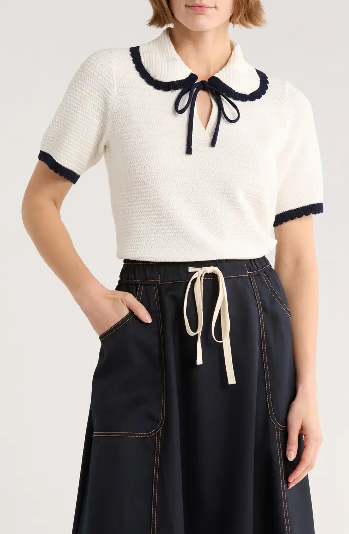 Adrianna Papell Tie Peter Pan Collar Seed Stitch Short Sleeve Sweater | Nordstromrack | Nordstrom Rack