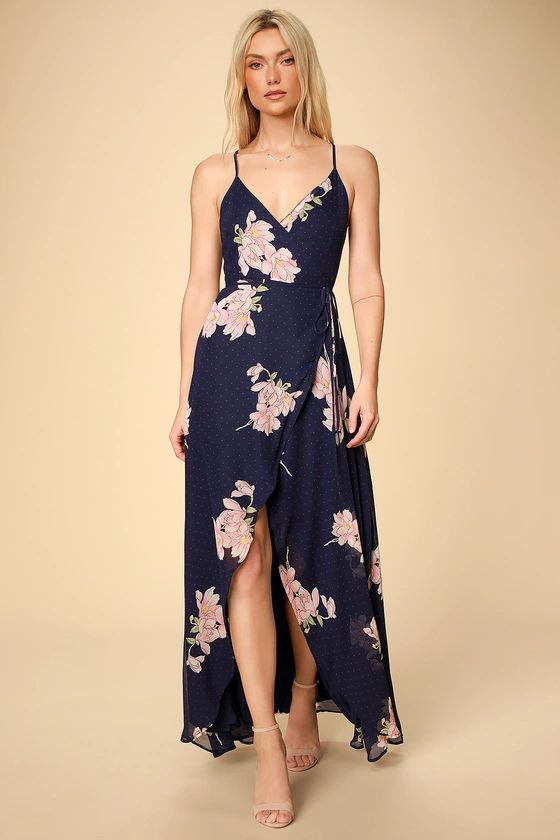 Loiselle Navy Blue Floral Print Polka Dot Wrap Maxi Dress | Lulus