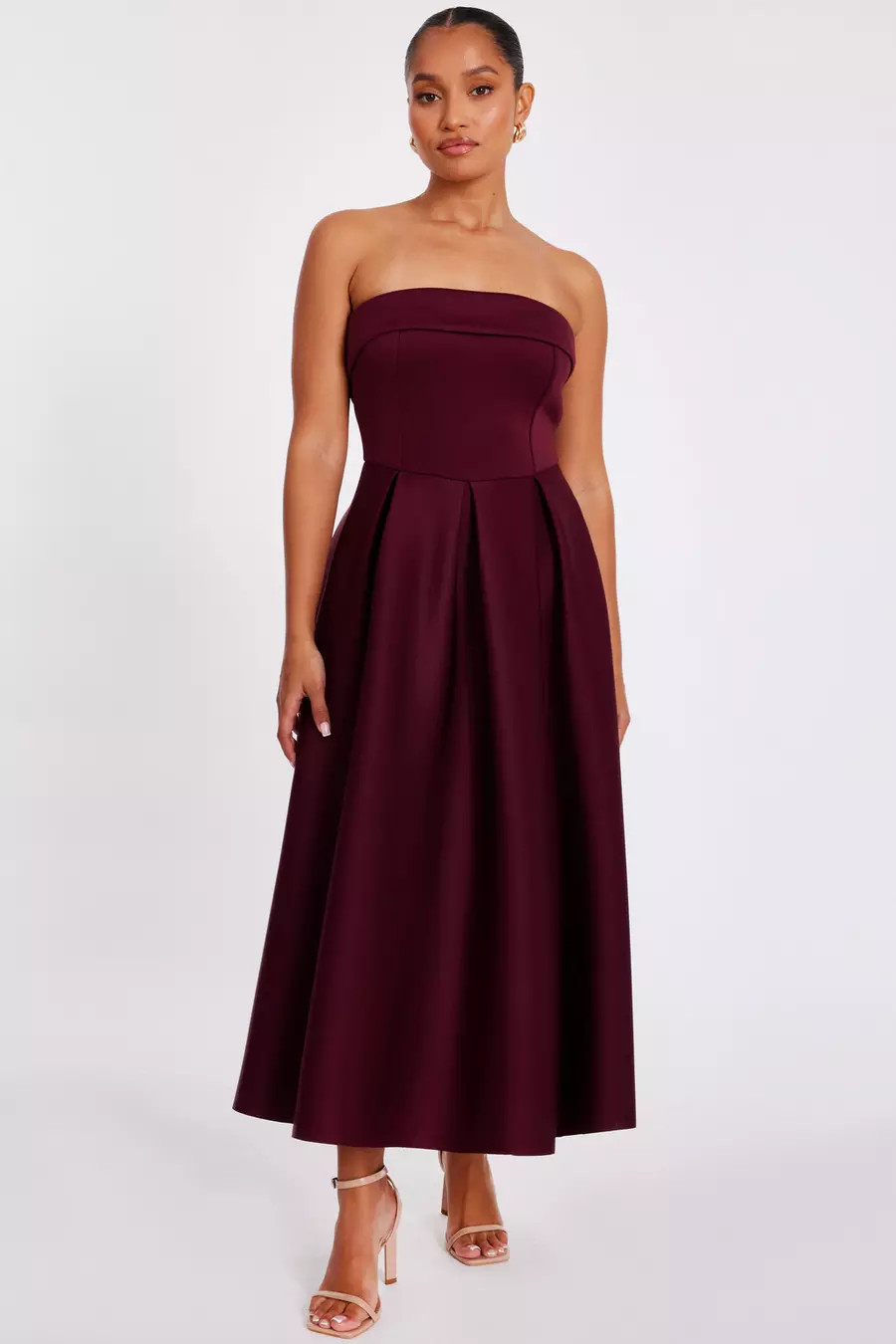 Petite Burgundy Bandeau Skater Dress | Quiz Clothing