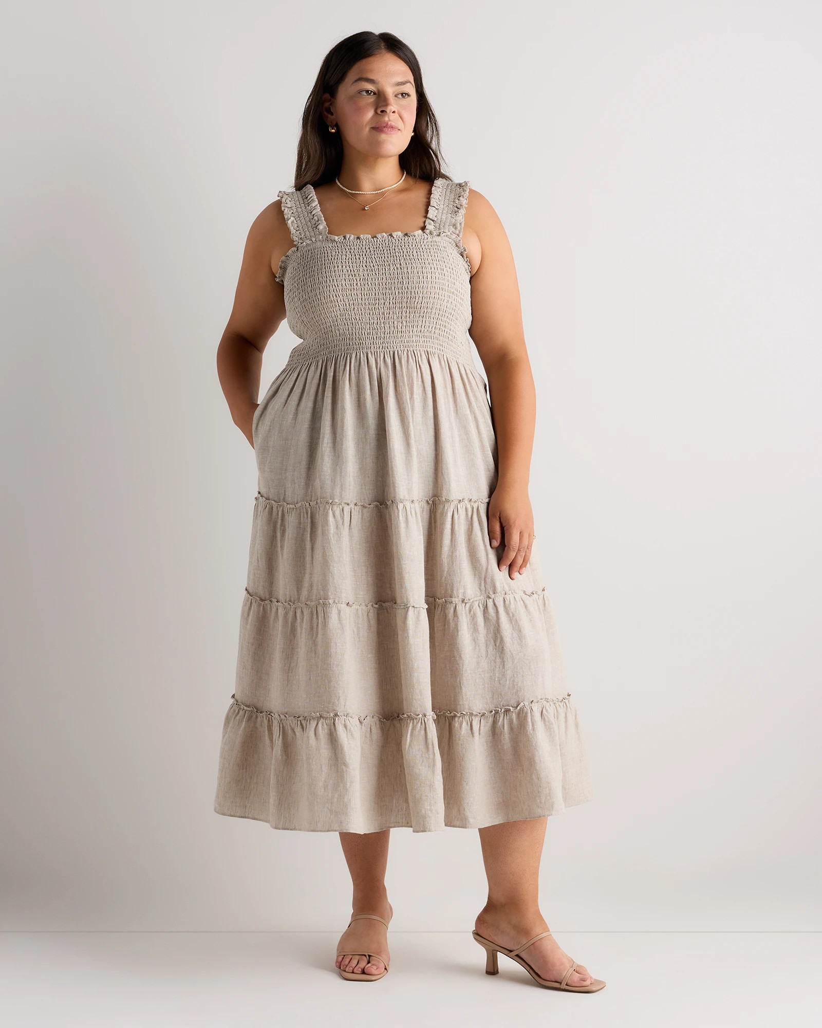 Quince | Women's 100% European Linen Smocked Midi Dress in Flax, Size 2X | Quince