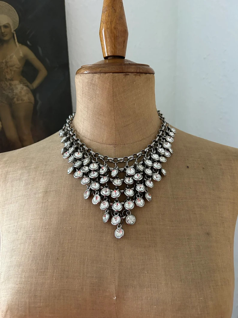 Vintage Crystal Waterfall Statement Necklace, Opulent Bridal Choker with Faceted Crystals, Silver... | Etsy (US)