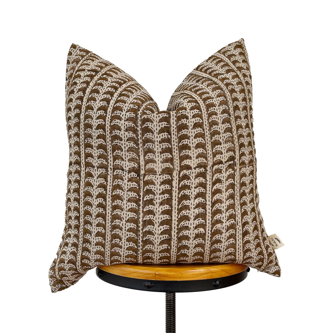 Block Print Linen Pillow, Brown and Natural Linen Pillow Cover - Etsy | Etsy (US)