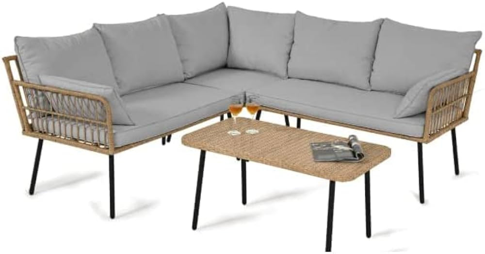 YITAHOME Rattan 4 PCS Patio Furniture Set, Outdoor Wicker Conversation Sectional L-Shaped Sofa with  | Amazon (US)