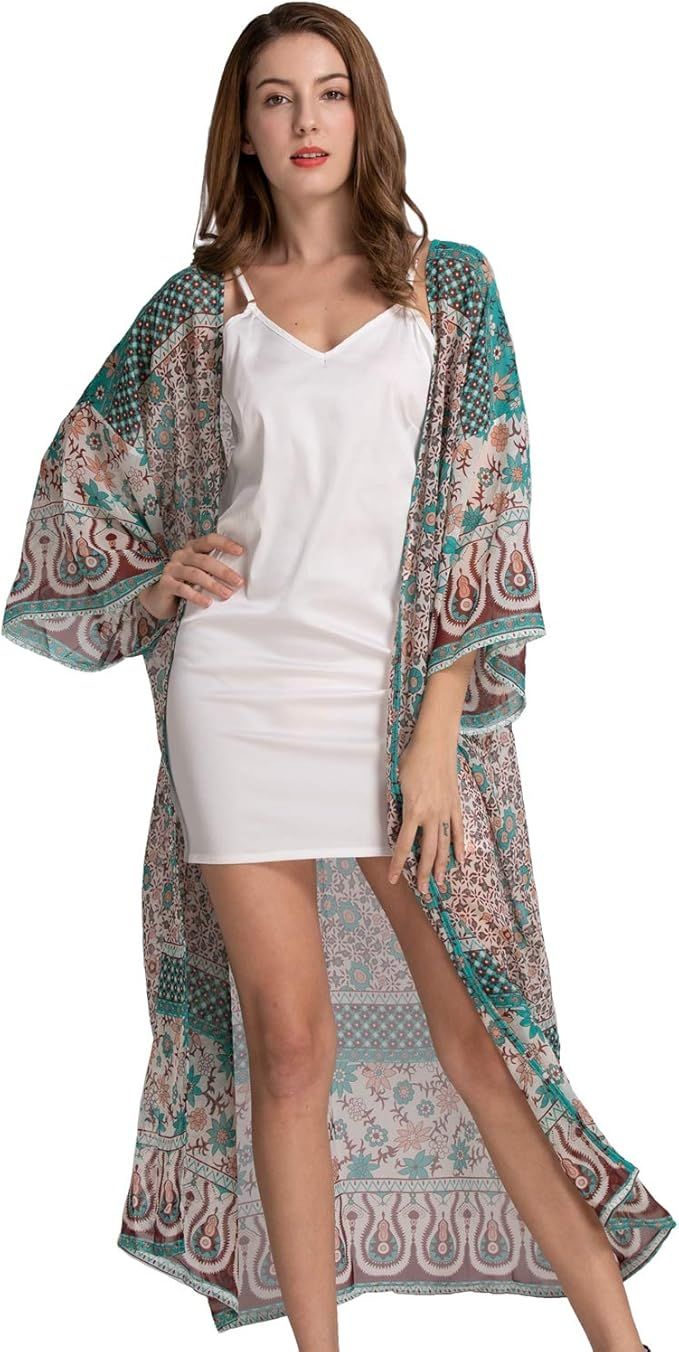 Women's Loose Kimono Cardigan Floral Print Long Sleeve Cover Up Beach Coverups Bathing Suit for W... | Amazon (US)