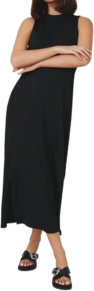 Maxi Dresses For Summer Womens Black Casual Round Neck Sleeveless Split Hem Solid Dress | Amazon (US)