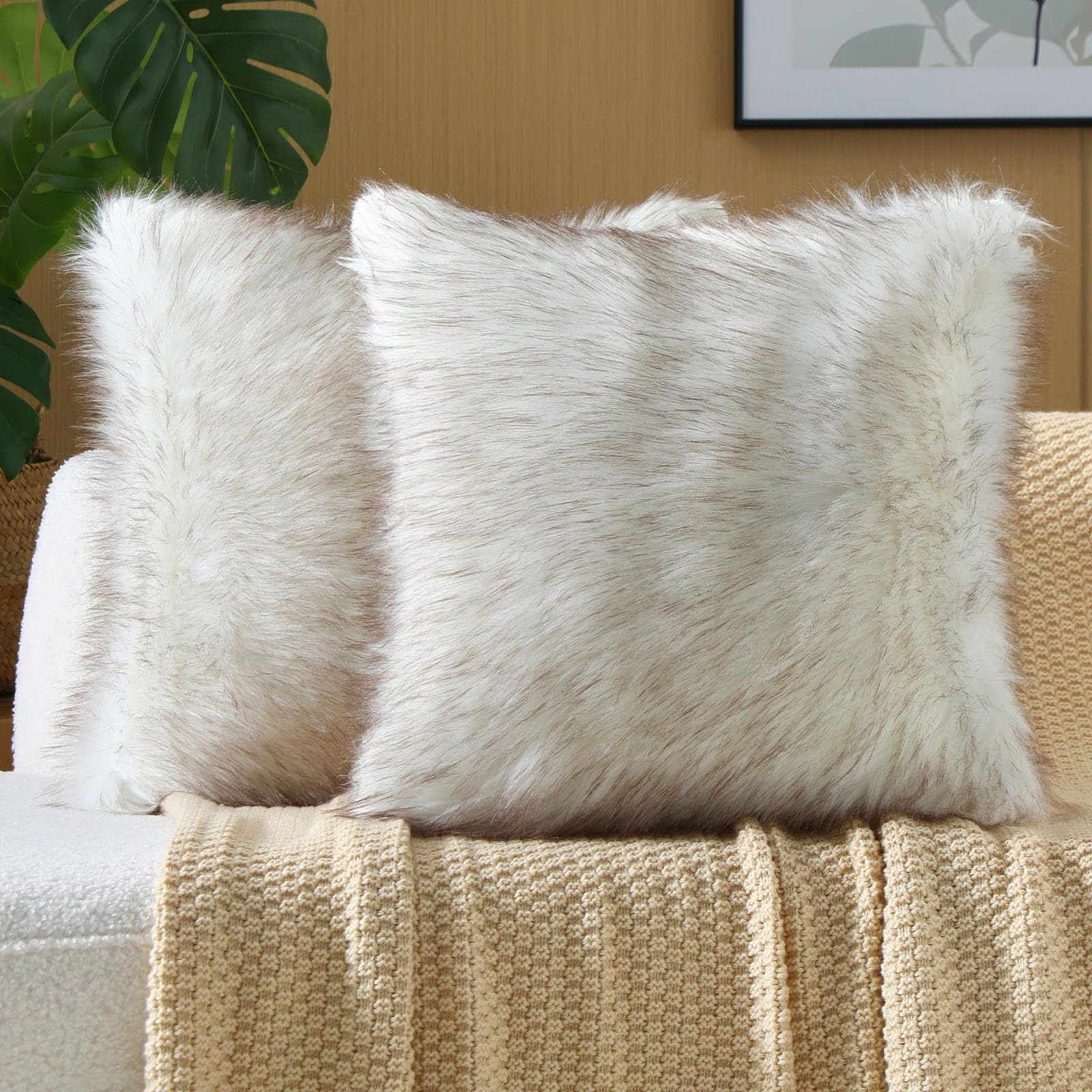 FUTEI Coffee White Decorative Throw Pillow Covers 18x18 Inch Set of 2,Soft Fluffy Faux Fox Fur Te... | Amazon (US)