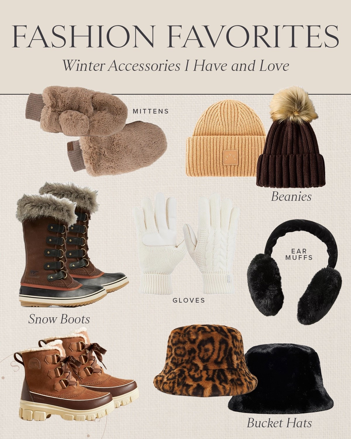 Winter outfit accessories I love for the snow! Beanies, fur bucket hats, snow boots, gloves and earmuffs ❄️❄️ aprés ski in style!! 🍾 

#LTKSeasonal