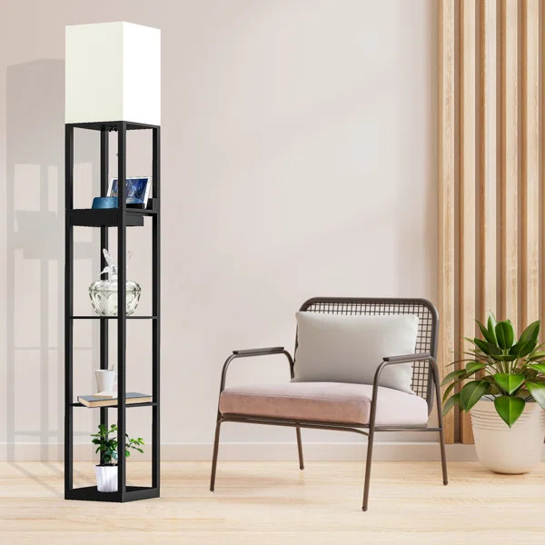 67" Column Floor Lamp with Shelves, Solid Wood, USB & Type-C Ports, Storage Drawer and Bulb Inclu... | Wayfair North America