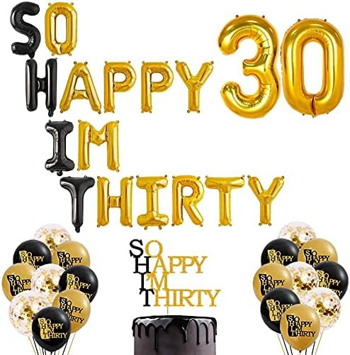 So Happy I'm Thirty Party Decoration Kit, Hello 30th Cake Topper and Foil Balloons, Dirty 30/Cheers  | Amazon (US)