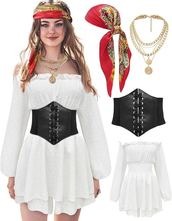 Women Pirate Costume Dress with Corset Accessories Long Sleeve Romper Short Off Shoulder Dress | Amazon (US)