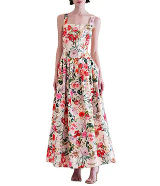 Square Neck Drop Waist Floral Maxi Dress | Dillard's