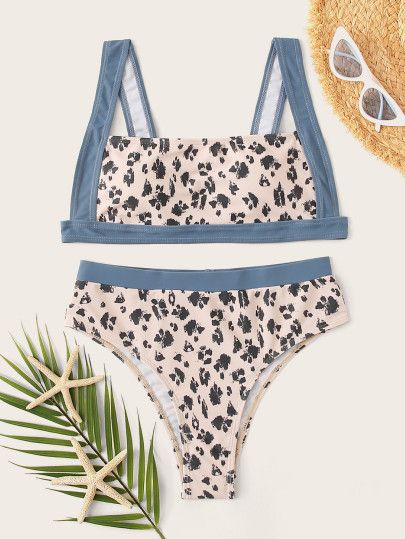 Contrast Trim Leopard Top With High Waist Bikini Set | SHEIN