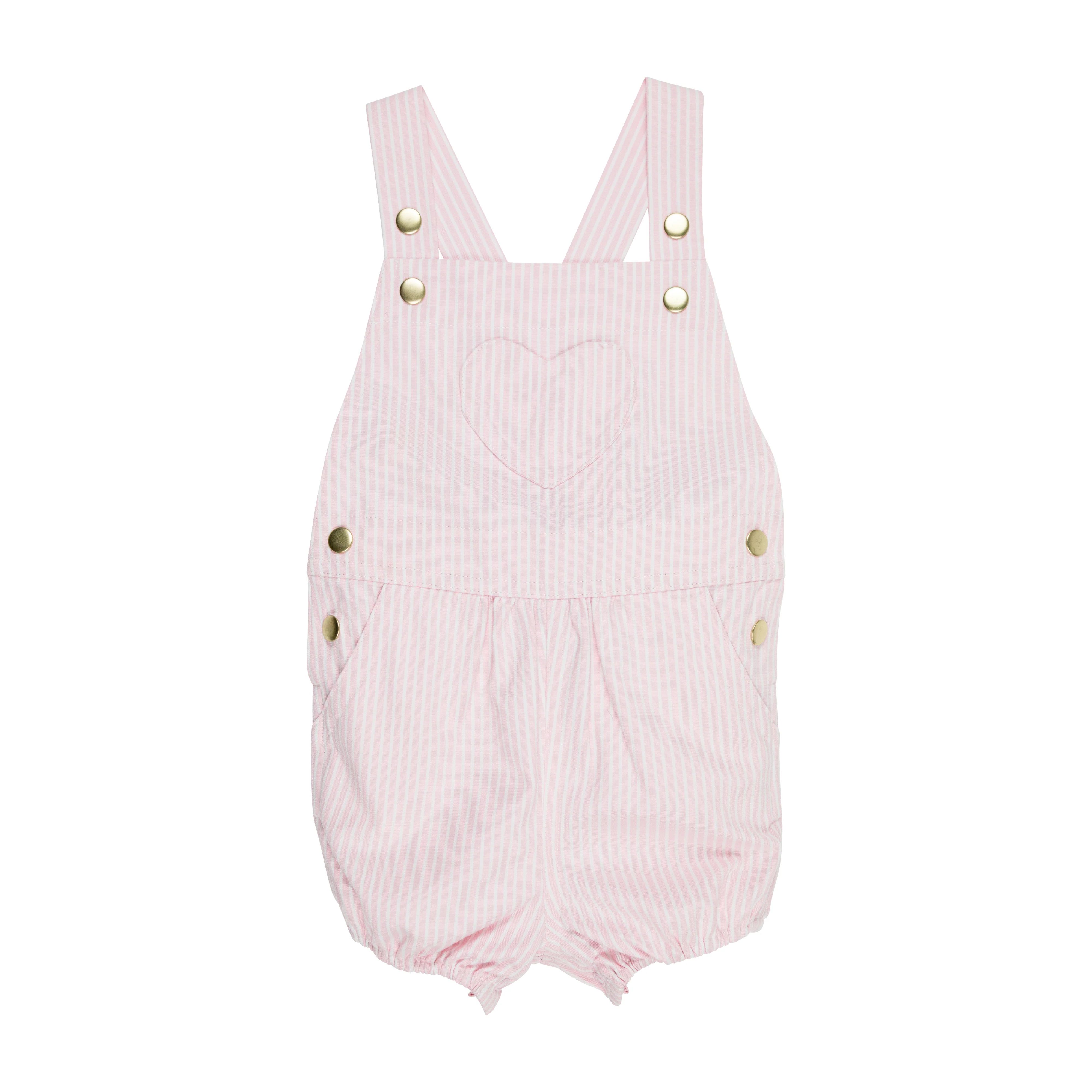 Channing Choo Choo Overalls - Palm Beach Pink & Worth Avenue White Stripe with Heart Applique | The Beaufort Bonnet Company