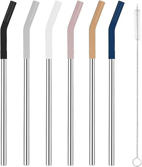 Tronco Set of 6 Stainless Steel Reusable Metal Straws with Silicone Flex Tips Elbows Cover, Metal... | Amazon (US)