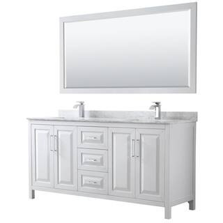 Daria 72 in. Double Bathroom Vanity in White with Marble Vanity Top in Carrara White and 70 in. Mirror | The Home Depot
