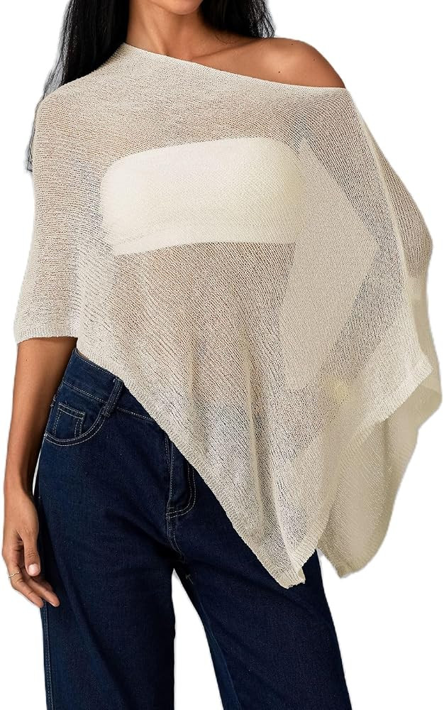 Women Sheer Knit Crochet Poncho Top Mesh Off Shoulder Shrug | Amazon (US)