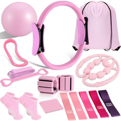Pilates Ring and Ball Set, Home Pilates Equipment for Women with Resistance Bands, 12'' Magic Circle, 9.8'' Ball, for Strength, Toning and Flexibility, Fitness Essentials Starter Accessories (Pink) | Amazon (US)