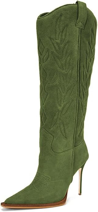 FOWT Women Pointed Toe Knee High Boots Embossing Stiletto High Heel Cowboy Boots Pull on Fashion ... | Amazon (US)