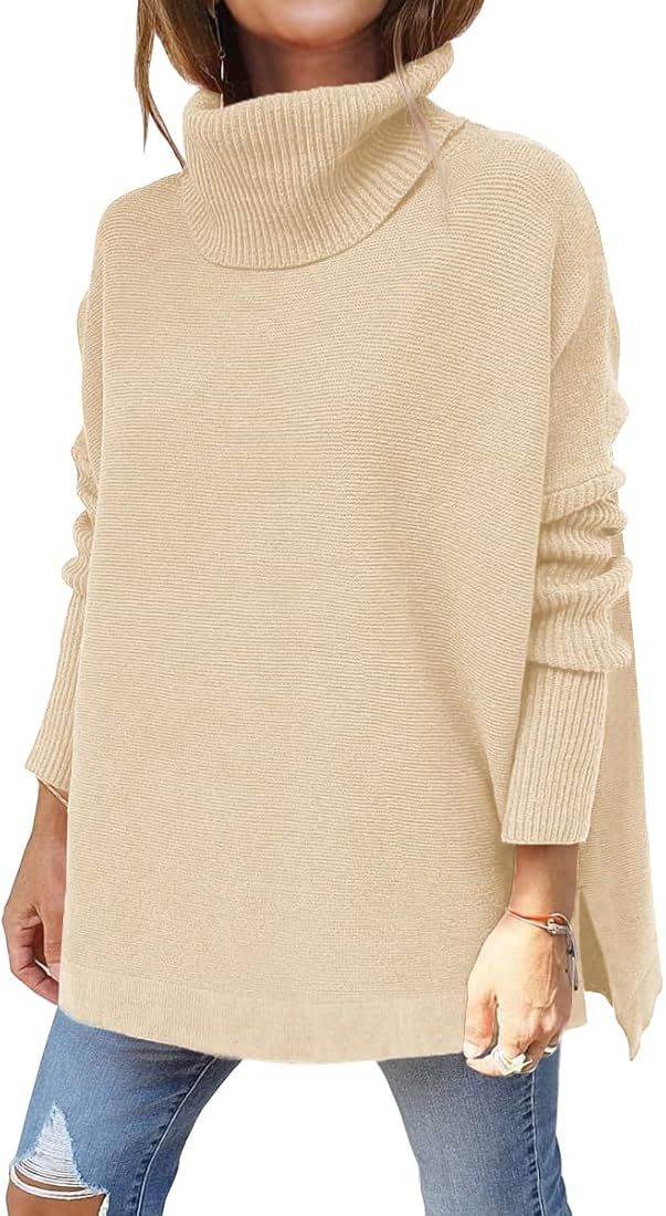 Women's Turtleneck Oversized Sweaters 2023 Fall Long Batwing Sleeve Spilt Hem Tunic Pullover Swea... | Amazon (US)