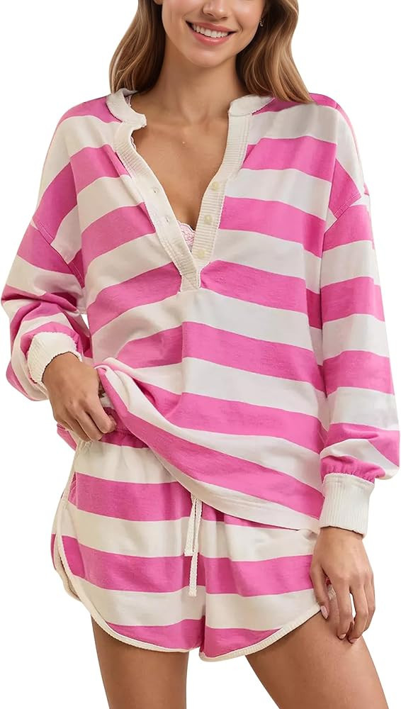 Ythomm Womens Striped Lounge Sets 2 Piece Oversized Henley Long Sleeve Top Drawstring Shorts Matc... | Amazon (US)