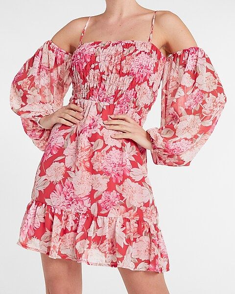 Floral Print Chiffon Off The Shoulder Smocked Mini Dress | Express